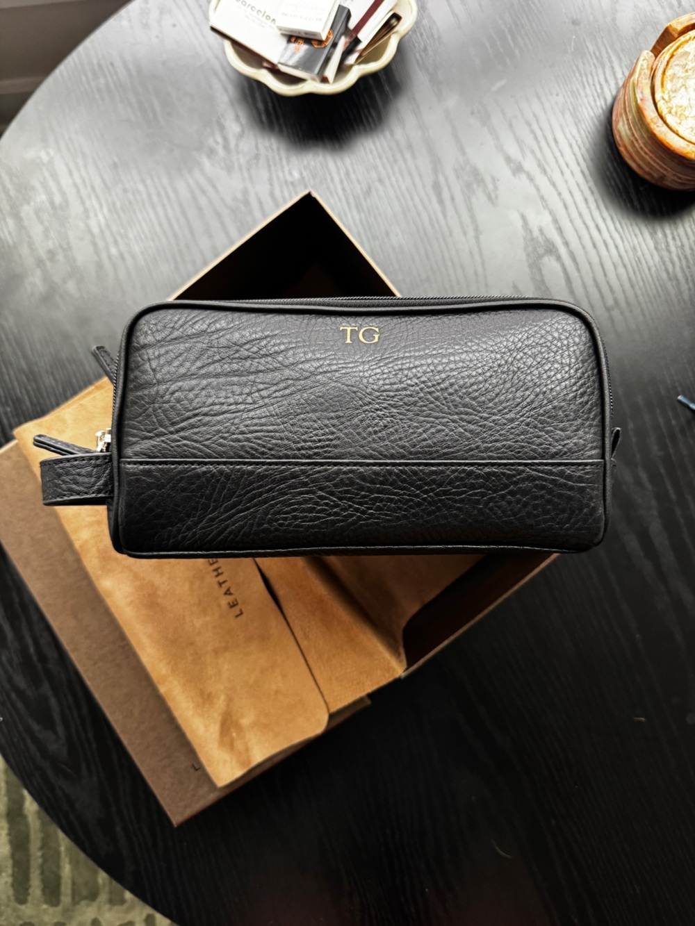 Black Leather Double Zip Toiletry Bag